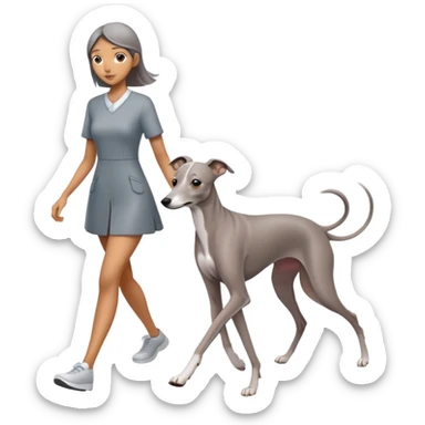 Beautiful Asian girl walking a solid grey Italian greyhound with absolutely no white markings, completely grey dog sticker