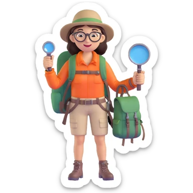 Happy female explorer with glasses, hiking outfit, backpack, holding a single magnifying glass sticker