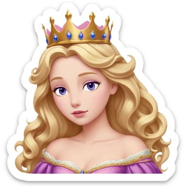 Cinematic Realistic Sleeping Beauty (Aurora) Portrait, with porcelain-like skin featuring a natural rosy flush, illuminated by soft lighting that highlights the gentle contours of her face. Her golden blonde hair flows in soft, detailed waves with subtle highlights that shimmer in the light. Her deep violet-blue eyes radiate warmth and innocence, framed by arched brows and long lashes. Her serene expression exudes quiet elegance. She is dressed in her classic pink gown, the fabric rich in texture with delicate folds that catch the light. A golden crown rests atop her head, gleaming with royal refinement. The portrait captures a soft, glowing aura, blending realism with an ethereal sense of beauty and timeless enchantment. sticker