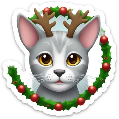 a light gray cat with small ears wearing a Christmas wreath of reindeer antlers sticker
