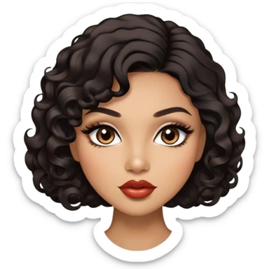 Glamourous, light brown skin tone, very beautiful woman, with big plump lips, long long lashes, black curly smooth short hair, straight parting hair, brown eyes sticker