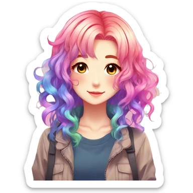Gorgeous anime style shojo character with blushing face aesthetic and pretty colorful shiny gradient neon rainbow hair with hair garment trending style sticker