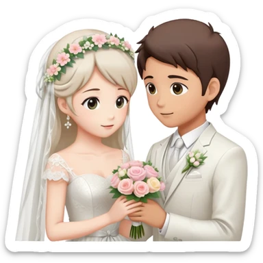 Beautiful romantic pastel lush anime Bride and groom couple getting married looking into each other’s eyes flowers  sticker