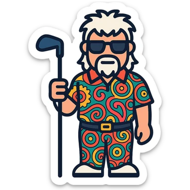 Convert the image of John Daly into a true emoji/icon style with simplified, bold lines and clear facial features. Depict him with a white spiky mullet, sunglasses, and a goatee. Dress him in a colorful patterned golf shirt and pants, holding a golf club. Use a transparent background. sticker