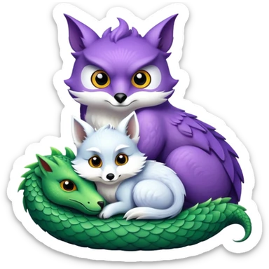 Purple owl curled up with a green dragon and a white fox sticker