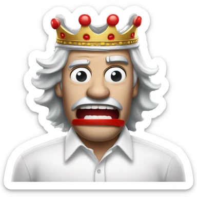 a man in a white button up shirt with a red mouth mask pulled down, long gray hair and a burger king crown angry white skin sticker
