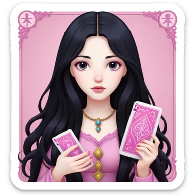 long black hair girl with pink tarot cards sticker