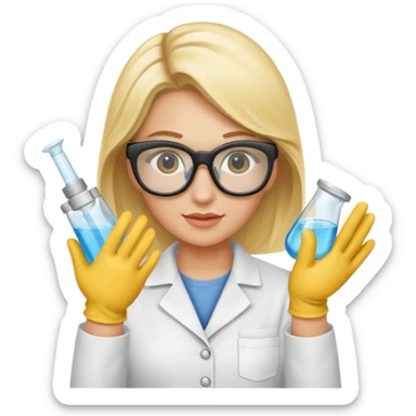 Eine hellblonde Chemikerin mit Kittel, Handschuhen, großer Labor-Sicherheitsbrille und typischem Erlmeyerkolben in der Hand sticker