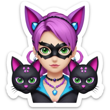 Girl with green eyes, wearing a bat mask with pink stones, and her hair tied in a ponytail, the hair is purple, blue, and pink streaks, with black cat ears with pink stones, wearing a black shirt that covers the neck, and a sleeveless blue jacket, and a necklace of pink stones sticker