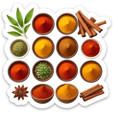 Assorted colorful spices in small bowls, including red paprika, yellow turmeric, green herbs, and brown cinnamon sticks sticker