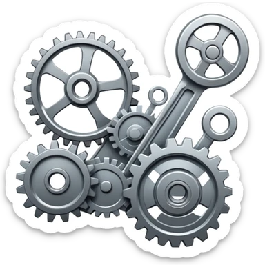 An icon featuring gears, a wrench, and mechanical blueprints, symbolizing mechanical engineering. The design includes pistons, turbines, and technical drawings, representing the design, construction, and operation of machinery. Transparent background  sticker