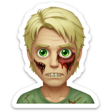 handsome male zombie with tousled blonde mid-length hair and bright green eyes, slight smile, iOS-style emoji sticker