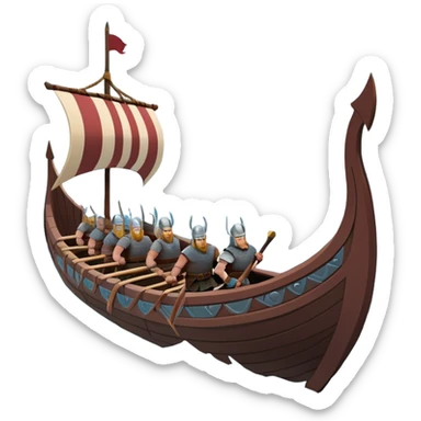 clash-of-clans-aesthetic_-cinematic-viking-longboat, rendered in a flat, bold vector style with minimal shading, featuring a striking dragon-headed prow slicing through icy, churning waters. shields on the side and vikings rowing The longboat’s intricately detailed shields and carved motifs evoke a sense of epic adventure and Nordic might, with billowing sails catching a dramatic, stormy sky backdrop. sticker