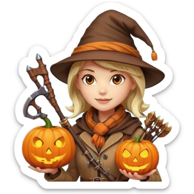 female human monster hunter emoji, wearing brown coat and hat, holding crossbow, soft smile, scarf, glowing pumpkin by her side, Halloween fantasy style, clean vector Apple emoji look, bright colors, white background, square sticker