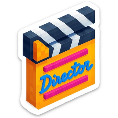 voxel style movie clapperboard with a bold director's signature, isometric view sticker
