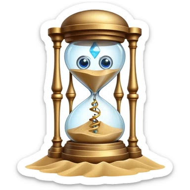 A timekeeping beast with eyes and an hourglass-shaped torso filled with enchanted sand that flows upward instead of down, surrounded by clockwork appendages that tick in rhythm with nearby life forces. sticker