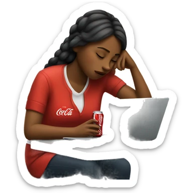 tired girl with laptop drinking coca-cola sticker