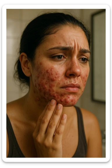 A highly realistic, cinematic portrait of a young woman in her late 20s with medium skin tone, showing visibly inflamed, deep cystic acne along her jawline, cheeks, and chin. Her skin appears red and irritated around the acne nodules, with noticeable swelling and tenderness, illustrating the painful nature of cystic acne linked to PCOS. Her facial expression shows discomfort and emotional distress, with slightly teary eyes as she gently touches an inflamed area on her jawline with her fingertips. Her hair is pulled back to clearly show the acne areas, and her skin has a slightly oily texture due to androgen-related sebum overproduction. The environment is a softly lit bathroom with neutral daylight, emphasizing the skin texture, redness, and deep acne. The style is realistic, 35mm cinematic photography with warm, neutral tones, soft shadows, and clear skin detail, providing a compassionate yet direct visualization of PCOS-related cystic acne sticker