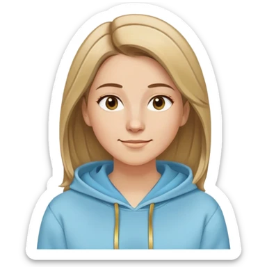 Caucasian woman, oval face, straight hair that is more brown than blonde with lighter blonde highlights, hair parted to the side, serene smile, dreamy expression, light blue hoodie with gold and white details sticker