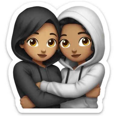 create a emoji of two girls who are girlfriends hugging. One of the is chinese with black short hair and the other one has curly hazel hair. Both wears hoodies in a streetwear way sticker