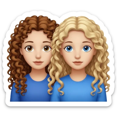 Twin sisters, one has brown eyes, long curly brown hair, the other one has blond hair and blue eyes sticker