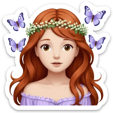 Woman with long flowing auburn hair wearing a flower crown with pale lavender flowers and white baby's breath in it and butterflies flying around it sticker
