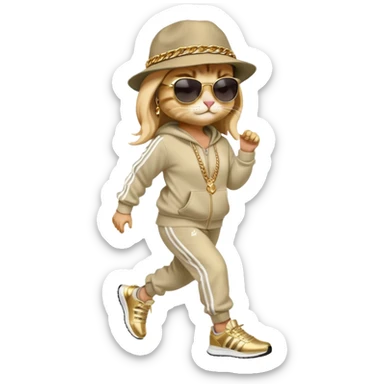 female cat with strong Run DMC hip-hop vibes, bold tracksuit, Adidas sneakers, gold chains, fedora hat, dark sunglasses, jogging upright sticker