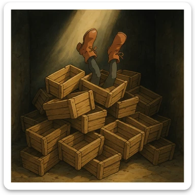 A pile of small oblong crates hidden in a dark area with a beam of light shining from above, with someone’s boots sticking out like they dove in sticker