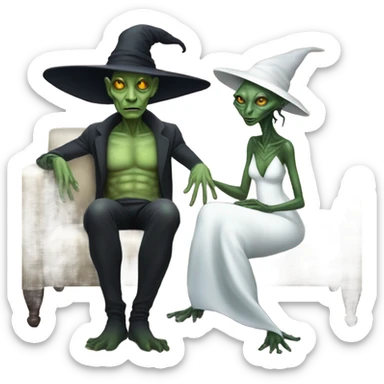 alien reptilian woman as witch, normal human male in white dress, sitting on a couch  sticker