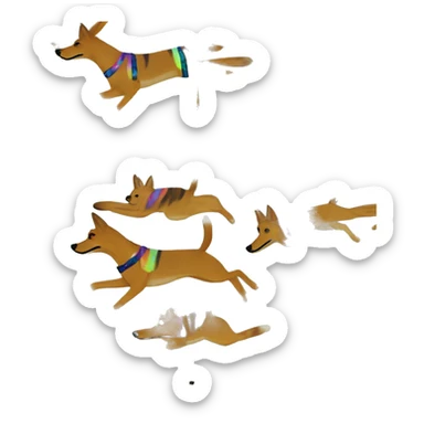  brindle brown black maroon striped lurcher Alsatian fox running blue eyes and iridescent holographic oilslick harness wearing paper iridescent tropical flower crown yellow caution tape sticker