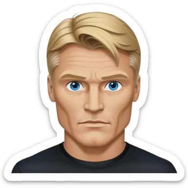 Dolph Lundgren with blue eyes, dark blonde hair, black outfit sticker