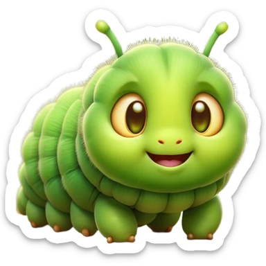 Cinematic Cute Caterpillar Portrait Emoji, Head tilted playfully and inquisitively, featuring a small, fuzzy body with rounded, plump segments, soft, endearing eyes and a charmingly wiggly movement, Simplified yet irresistibly adorable features, highly detailed, glowing with a warm, inviting green glow, high shine, affectionate and lively, stylized with a touch of whimsical woodland charm, soft glowing outline, capturing the essence of a mischievous caterpillar that seems as if it could crawl out of the screen into your arms! sticker