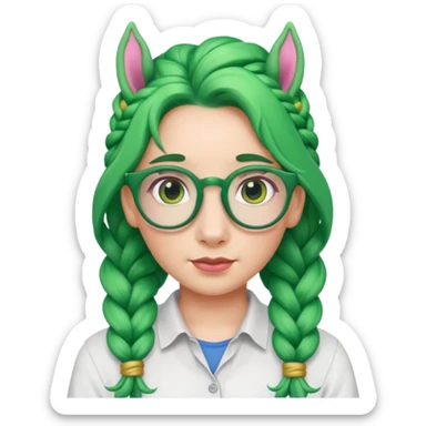 braided unicorn wiith big visible braids looking into the camera spectacled green hair sticker
