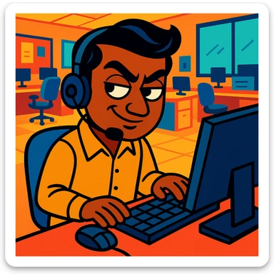 cartoonish Indian call centre worker with a headset, sitting at a computer, sly expression, office background, vibrant toon style sticker