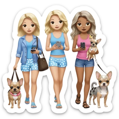 Three pretty women in beach clothes walking 2 dogs, blue and gray spotted Merle Frenchie and walking a black and tan chihuahua puppy, holding iPhone, hazel eyed light skin with dark blonde long hair and light skin hazel eyed long wavy dark hair, blue eyed light skin long blonde hair  sticker