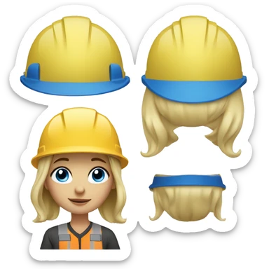 blonde girl with blue eyes in a construction helmet sticker