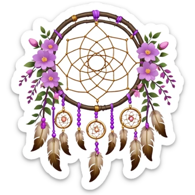 A white-birch-circle-framed Dreamcatcher. with purple-round-orbs, gold-rings hanging down. purple flowers, pink sakura flowers, sticker