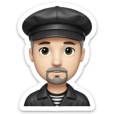 White Man with a dark grey goatee and a black shiny leather newsboy cap. He is wearing a black and white striped shirt. He is wearing heavy dark black eye makeup sticker