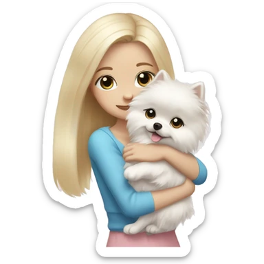Blond girl white skin blue eyes hugging white Pomeranian with light pink bow sticker