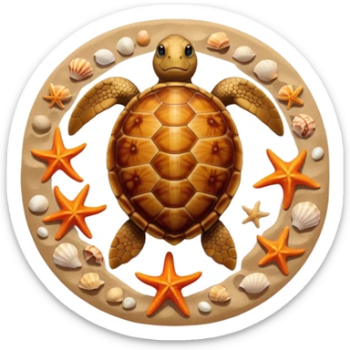 turtle, starfish, and shells together on sandy beach, top-down view, apple emoji style, unique variation sticker
