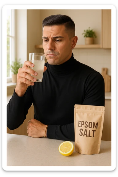 A realistic, bright photo-style image of a young man in his 30s standing in his kitchen, holding a clear glass filled with water in which Epsom salt (magnesium sulfate) has been dissolved. He looks focused but slightly uncertain as he prepares to drink it for a liver flush or digestive cleanse. The glass shows slight cloudiness from the dissolved salt. On the counter are a packet labeled 'Epsom Salt' and a sliced lemon, suggesting he might use it to mask the taste. The setting is clean, natural, and bright with neutral tones. The background shows sunlight streaming through a window, emphasizing a clean, minimalist health-focused environment. The mood conveys a realistic, calm moment of self-care with a hint of discomfort, illustrating a natural detox practice in italiano sticker