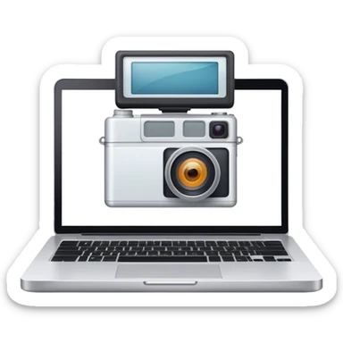 Create an emoji representing blogging. The design should feature an open laptop with a visible blog post on the screen, showing text. Add a photo or video camera to emphasize multimedia content. Do not include any emojis or smiley faces. Make the background transparent. sticker