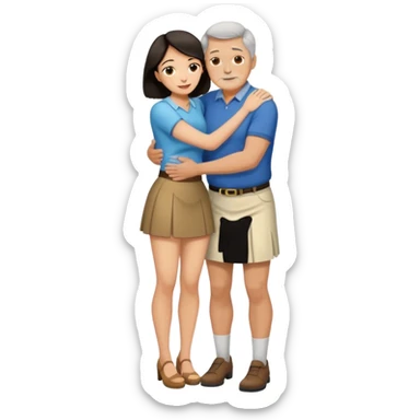 older man with dark hair on knees, facing dark haired, middle aged woman in a micro mini skirt, hugging her waist sticker
