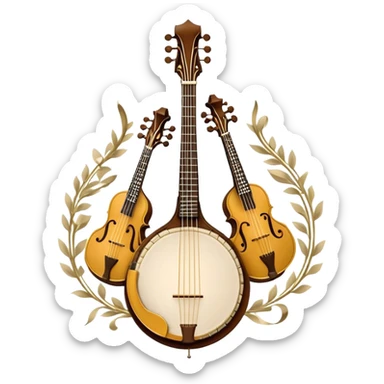 Design a sophisticated and festive emblem-like emoji representing plucked and stringed instruments. The layout should resemble a heraldic crest, featuring iconic instruments like a banjo, mandolin, domra, and sitar, artistically arranged in an elegant and symmetrical way. The necks of the instruments should be intertwined with a flowing ribbon of musical notes, winding around the strings and fretboards. The design should be detailed, showcasing the intricate carvings on the instruments, visible strings, and fret markers. Use a rich color palette with deep golds, browns, and vibrant accents to evoke a sense of luxury and celebration. The musical notes should appear to float around the instruments, connecting them in a graceful, dynamic way. Include ornate flourishes or decorative elements like laurels, swirls, or subtle engravings to give the image a professional, emblematic appearance. The background should be transparent. sticker