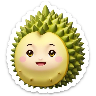 A chibi-style round durian character with green spiky shell and yellow flesh, blushing and shy with sparkly eyes – pastel tones sticker