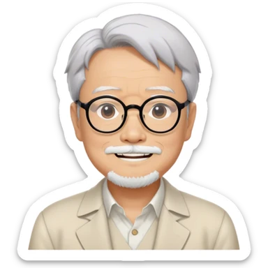 ​Cinematic Realistic Portrait of Hayao Miyazaki, depicted with defined black eyebrows, and large rectangular glasses, his happy expression rendered in lifelike detail, illuminated with soft, realistic lighting that emphasizes his creative genius, sticker