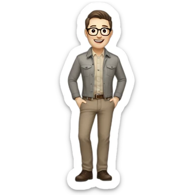 Joyful Full height Pale skinned Fit Man With dark brown hair in gray jacket, beige office shirt, Brown pants and vintage glasses. His thrumbs up sticker