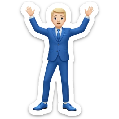 white man in a blue suit and shoes, hand raised sticker