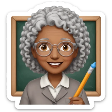 old woman teacher, brown skin, curly grey white hai, wearing glasses, hold chalk on hand sticker