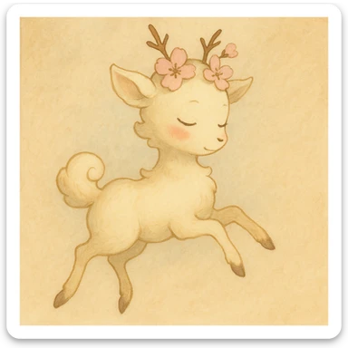 Refine this feminine vanilla cloud doe with rosy cheeks and cherry flowers on its head to float gracefully, not facing front, for a brand identity mascot for social media. Keep the style soft, whimsical, and feminine, and ensure the pose and expression convey magical, graceful floating energy. No front-facing view. sticker